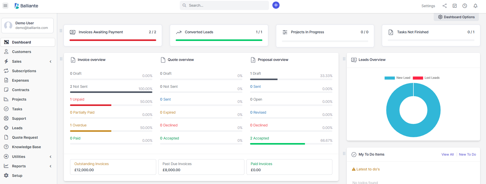 Balliante One dashboard overview showing revenue chart, invoices and client activity.