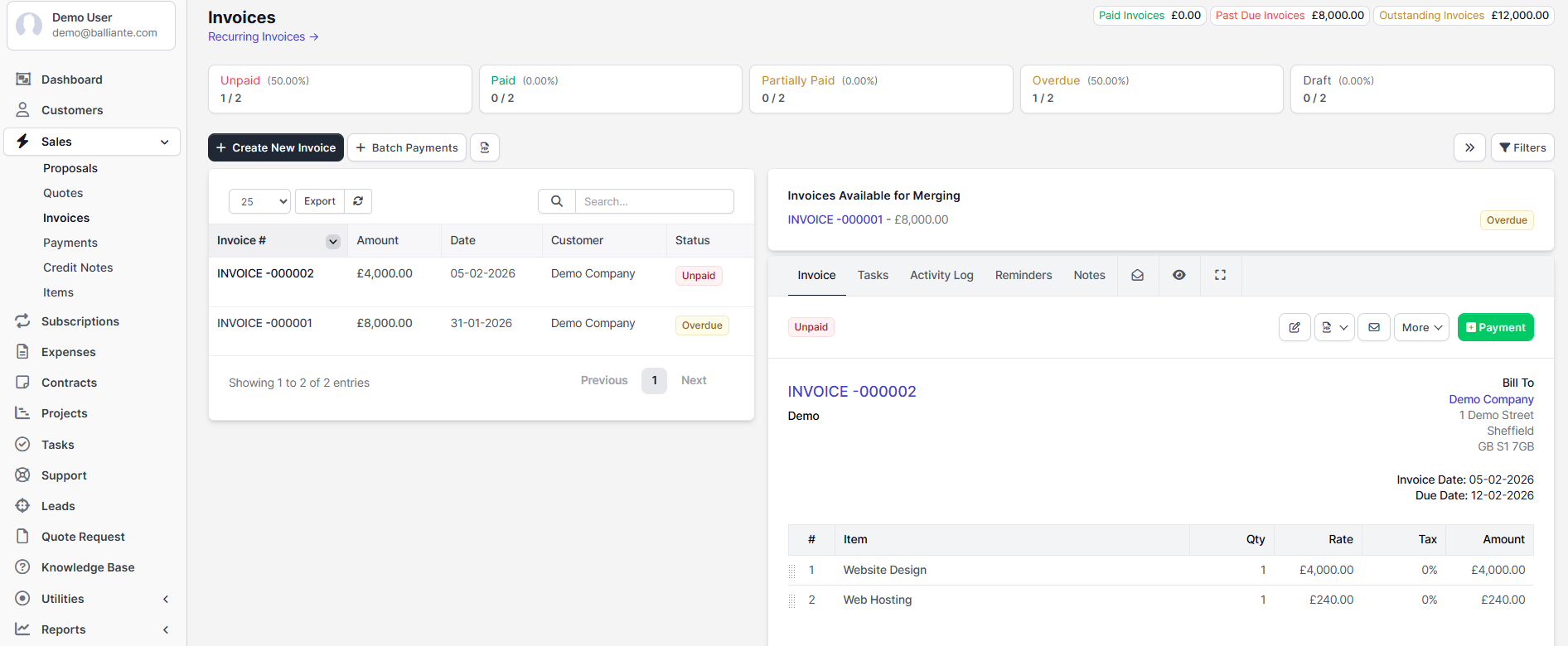 Invoice creation screen with payment tracking.